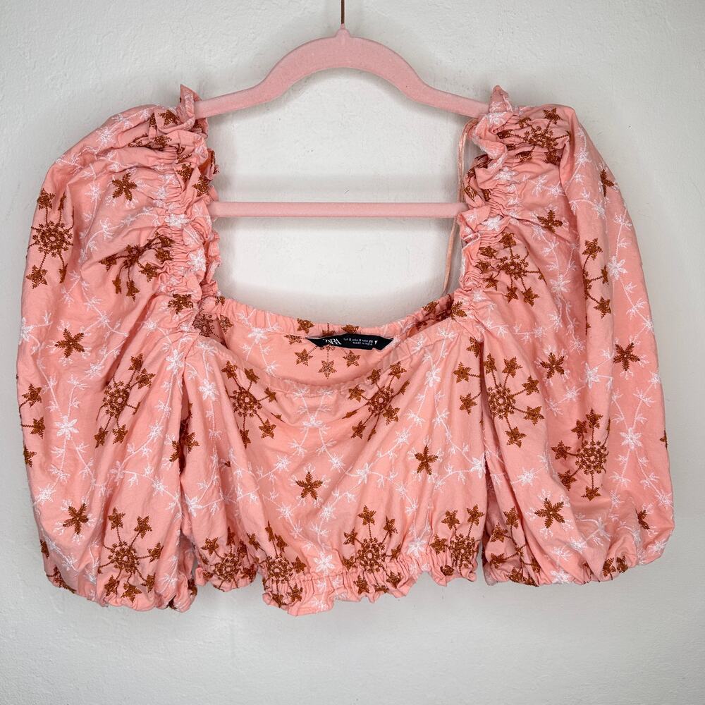 Zara Voluminous Puff Sleeve Floral Embroidered Peach Salmon Pink Crop Top Small - Picture 5 of 13